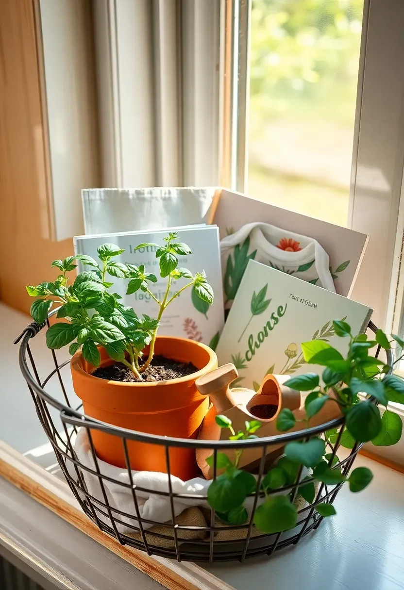 garden-themed baby basket with a small potted herb a floral onesie seed packets and a watering can toy surrounded by fresh greenery