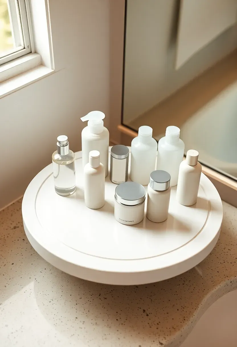 Spinning lazy Susan turntable on a bathroom vanity counter with skincare and grooming products arranged in a circle