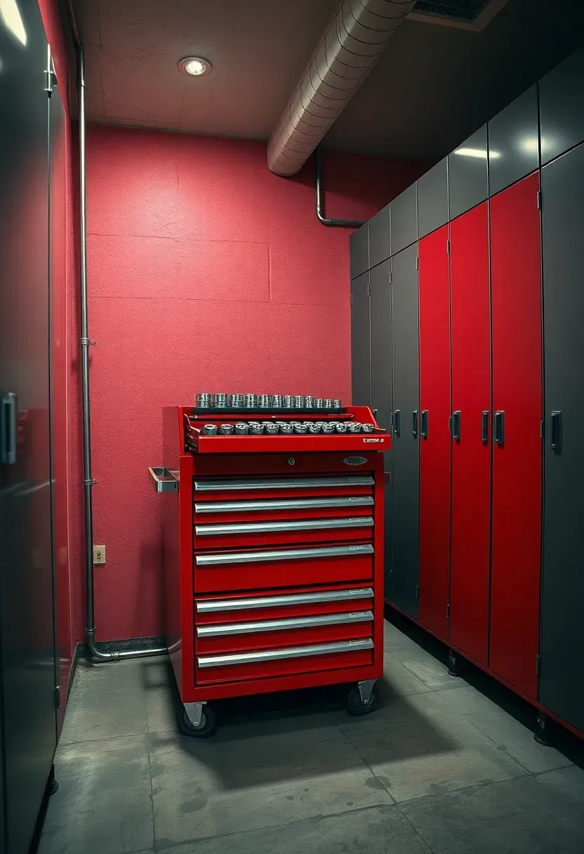Row of red metal tool chests and tall steel cabinets along a basement wall with a clean concrete floor and overhead lighting