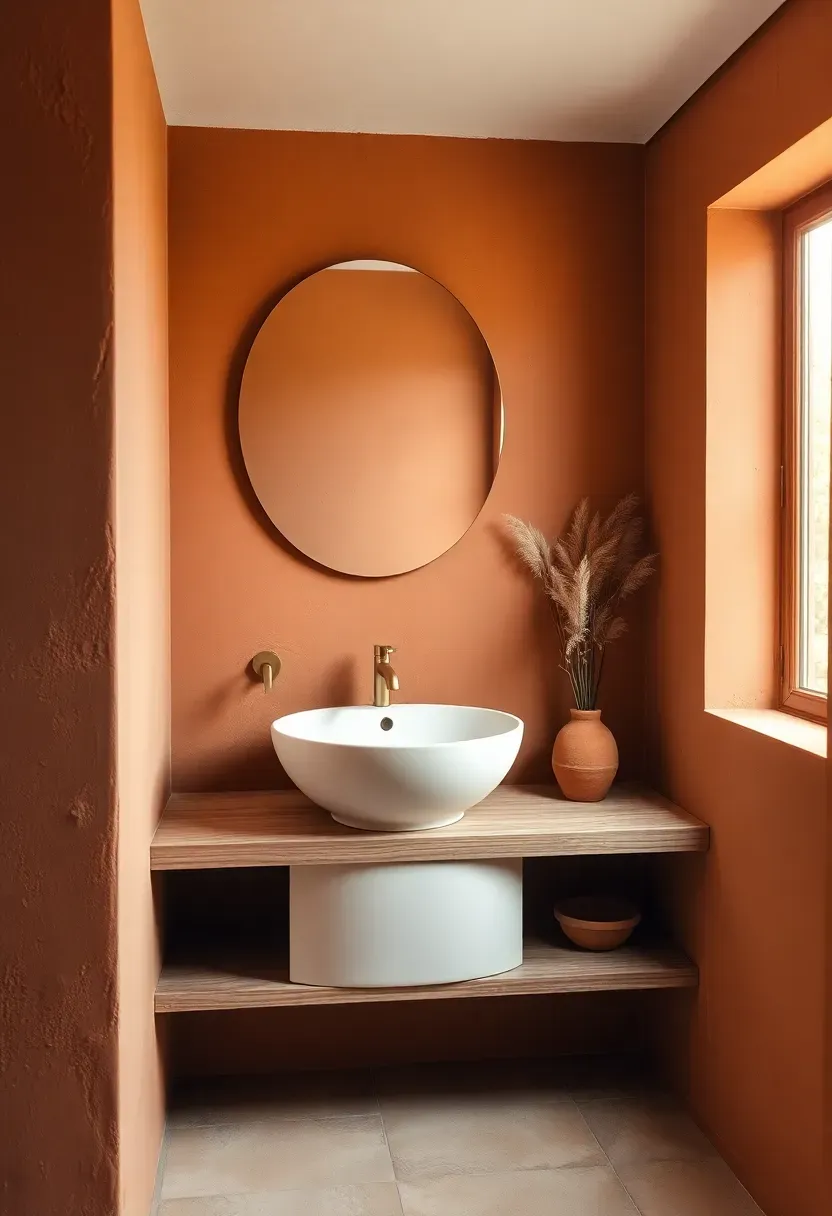 Small bathroom with warm clay terracotta walls and white freestanding sink