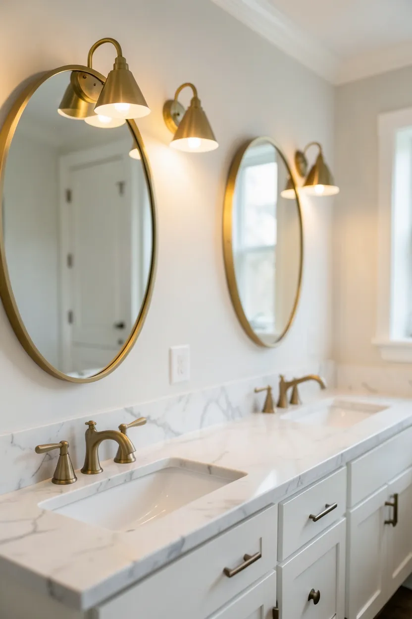 Plug-in wall sconces flanking bathroom mirror with cord cover, no-drill lighting upgrade for renters in a small apartment bathroom