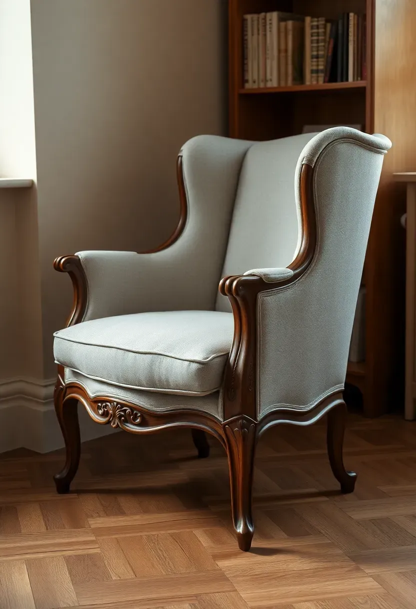 Reupholstered bergere chair in soft gray linen with exposed carved wood frame and cabriole legs
