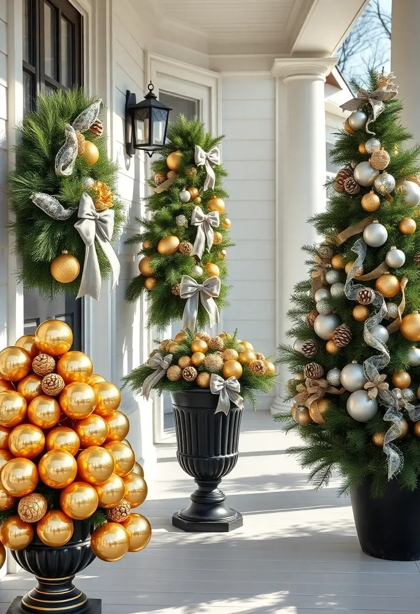 Hyper-realistic 3/4 view of an elegant gold and silver front porch Christmas display. Materials: abundant gold mercury glass ornaments spilled from black urn planters, silver velvet ribbon bows on fresh pine wreath and garlands, gold-sprayed pinecones nestled in greenery, silver and gold ball ornaments on porch tree, fresh pine garlands with metallic ribbon woven throughout. Bright winter sunlight catching metallic surfaces (5500K), painted white porch floor, white house with dark trim and columns. Luxe glamorous mood like high-end hotel holiday lobby. Shallow depth of field, sharp details on mercury glass reflections and metallic sheen, elegant sophisticated composition. No text, no logos, no watermarks.</p>