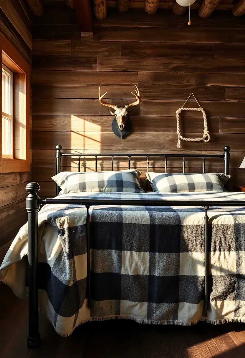 rustic masculine bedroom with reclaimed barnwood accent wall and wrought iron bed