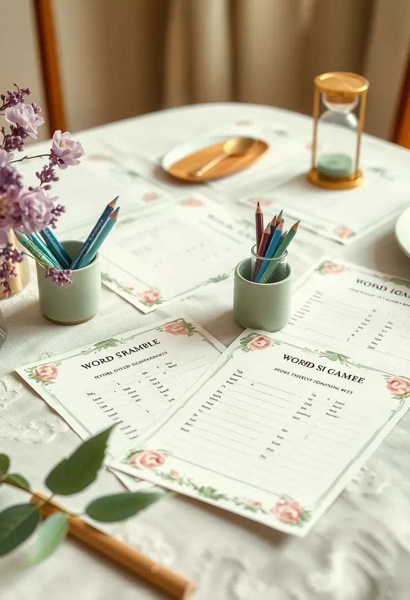 baby themed word scramble printable sheets with pastel borders and pencils on a decorated table