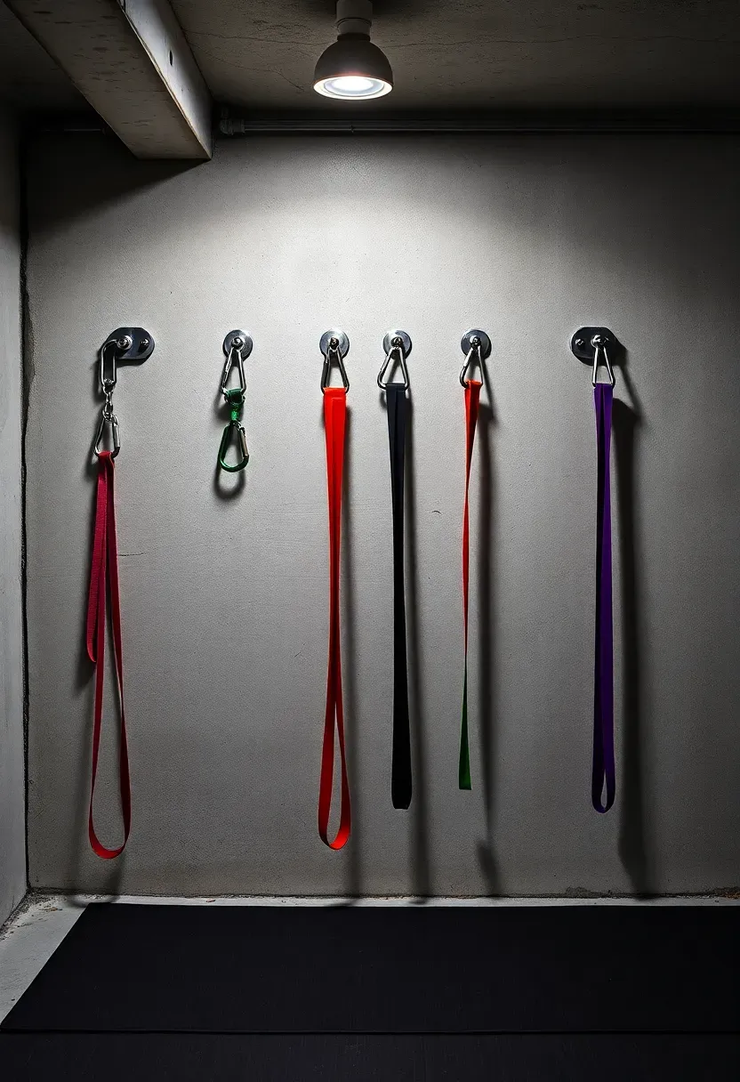 Basement wall with steel anchor plates and multiple resistance bands of different colors stretched across a training area