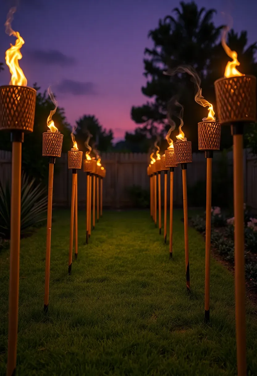 Bamboo tiki torches with citronella flames lining both sides of a grassy backyard walkway at dusk with smoke trails visible
