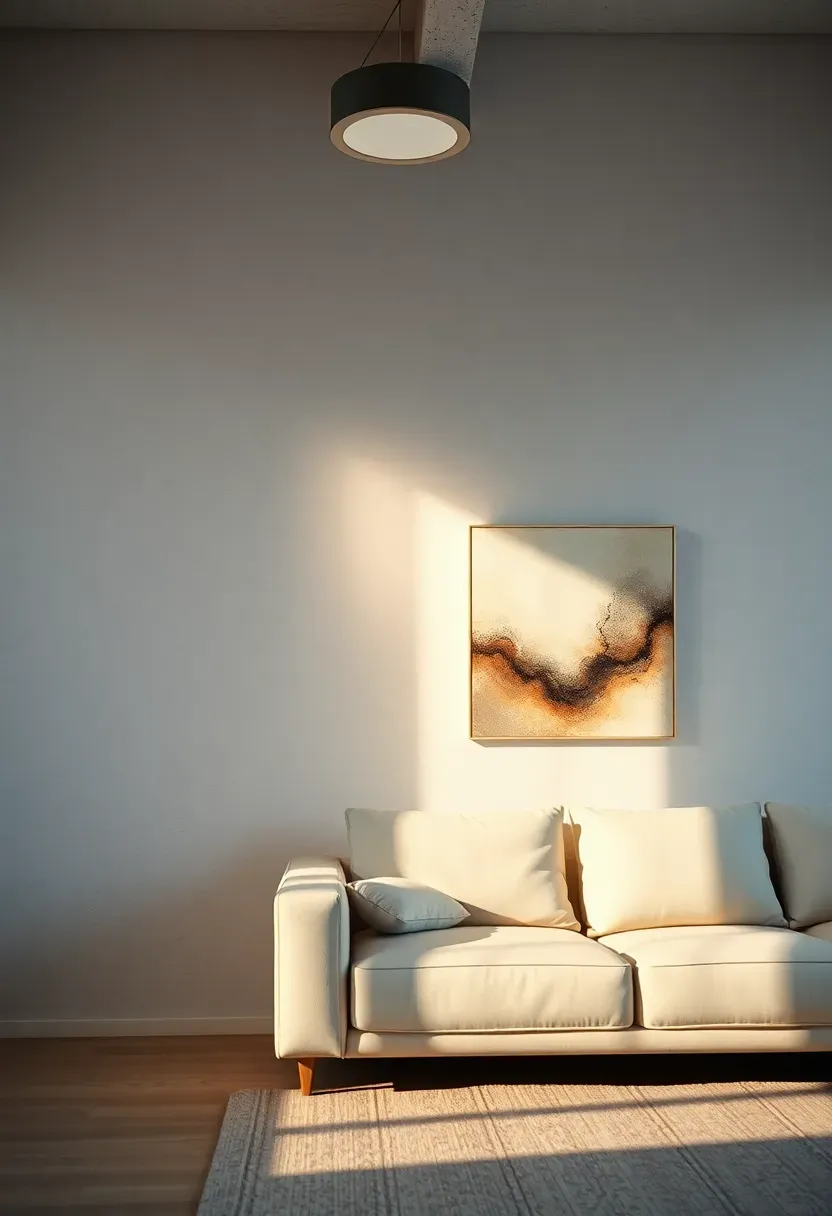Hyper-realistic 3/4 view of minimalist living room showing wall washer lighting effect. Recessed ceiling fixture positioned near wall casting light downward at 45 degree angle onto light grey textured wall creating dramatic grazing effect. Light cream sofa facing wall, abstract artwork illuminated beautifully. Warm white light creating subtle shadows on texture. Materials: textured wall surface, LED wall washer, linen upholstery. Natural light from window supplementing electric lighting. Shallow depth of field, sharp details on wall texture and light effect. No text, no logos, no watermarks.</p>