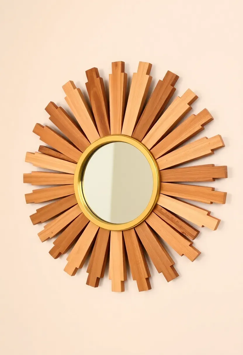 DIY sunburst bathroom mirror made from cedar wood shims arranged in a radiating pattern around a small round mirror, painted gold