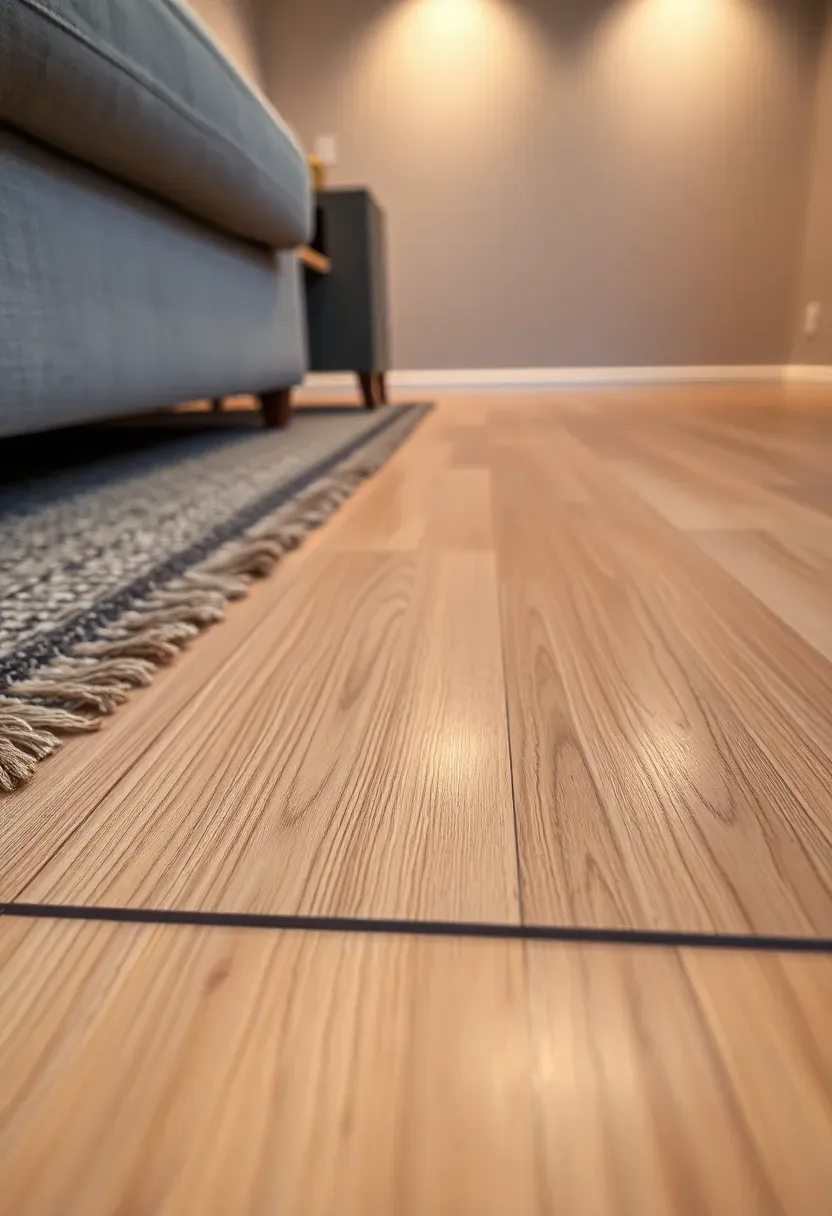 Luxury vinyl plank flooring in a light oak tone installed over concrete in a finished basement living area