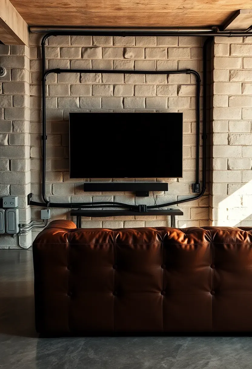 Exposed concrete block accent wall in an industrial basement with a mounted TV, black metal conduit, and a leather sofa facing the screen