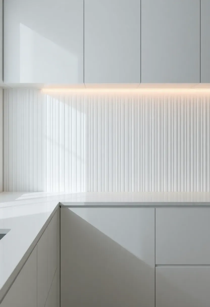 vertical ribbed white porcelain panel backsplash creating shadow lines in a minimalist kitchen with white flat-panel cabinets and quartz countertop