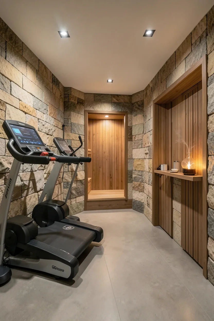 Compact apartment home gym corner with adjustable dumbbells, over-door organizer for resistance bands, rolled yoga mat, and noise-dampening floor mat — renter-friendly