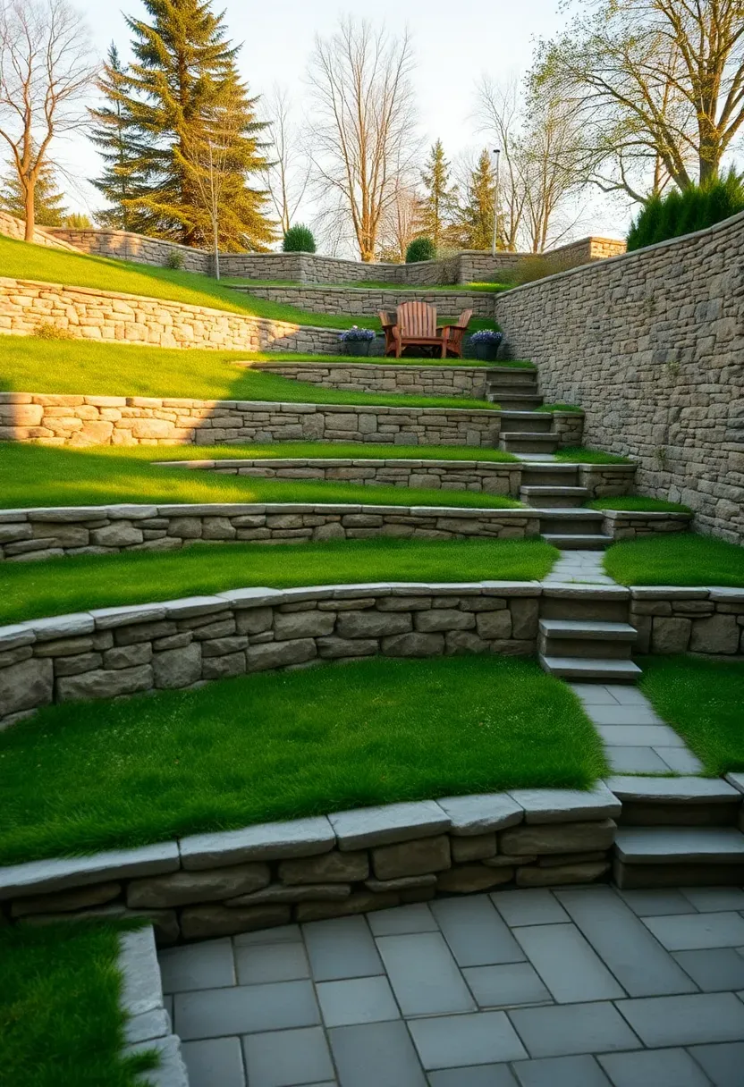 A terraced backyard on a hillside with stacked stone retaining walls creating three flat levels each covered in green turf with paver pathways connecting them