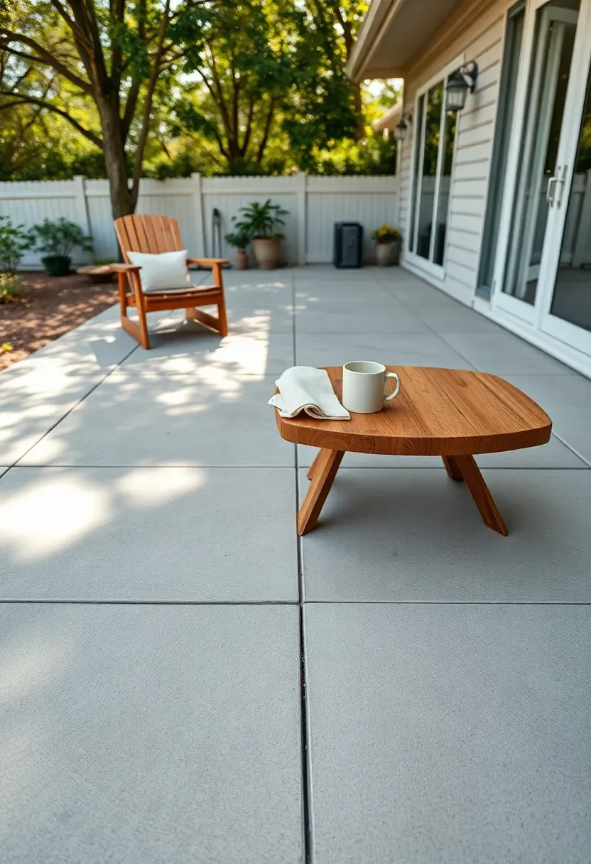 Large brushed concrete backyard patio with deliberate expansion joint lines forming a geometric grid pattern and outdoor furniture arranged on top