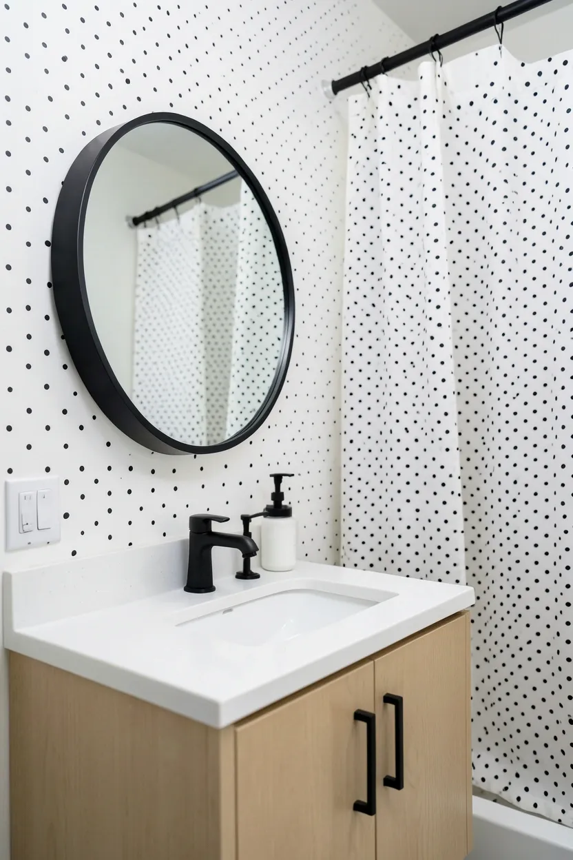 Toca Boca bathroom with colorful polka dot shower curtain, white walls, and matching dotted towels in a rental space