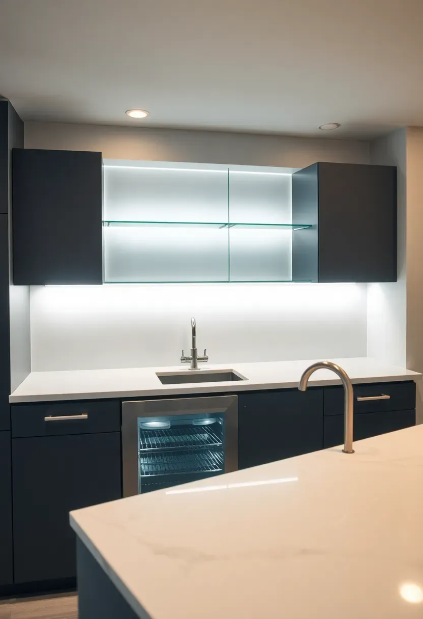 sleek modern wet bar in a basement with white quartz countertop LED strip lighting and glass shelving