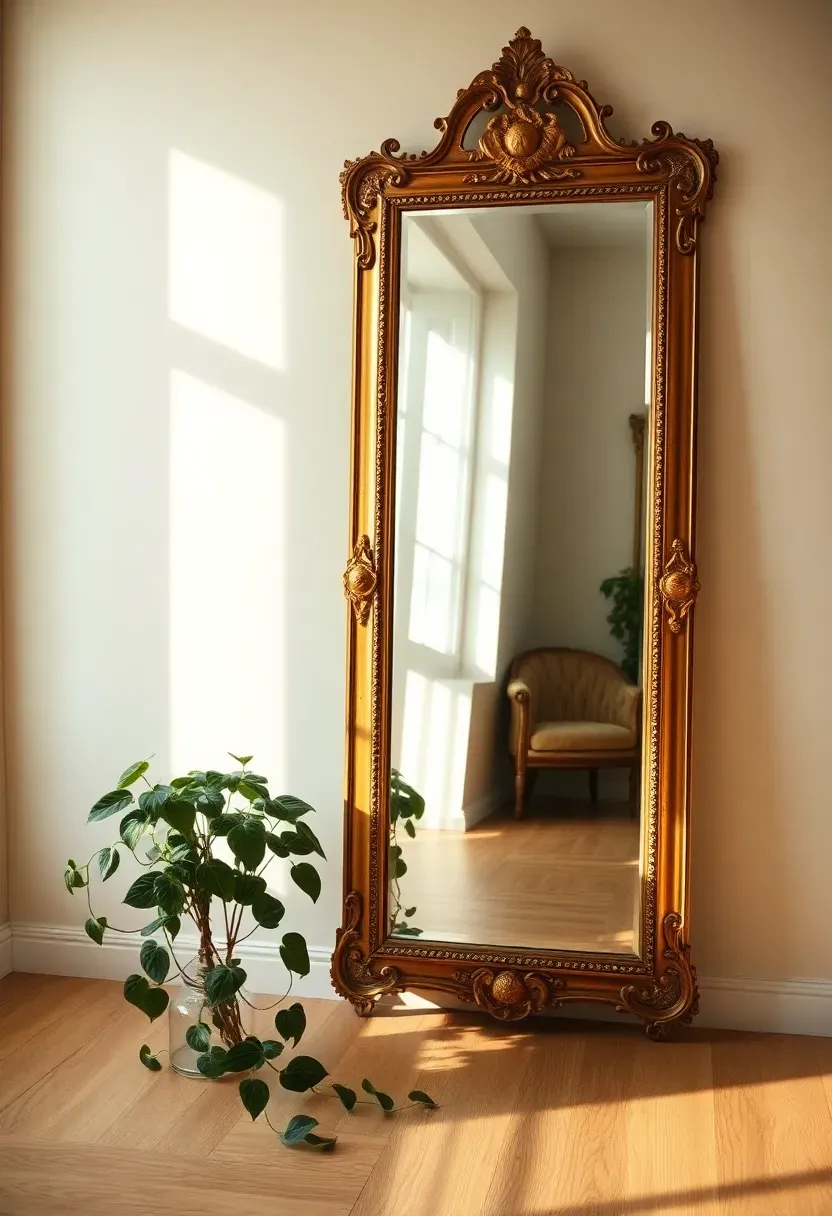 Large antique mirror with ornate gilded frame leaning against a clean white wall in a modern shabby chic living room