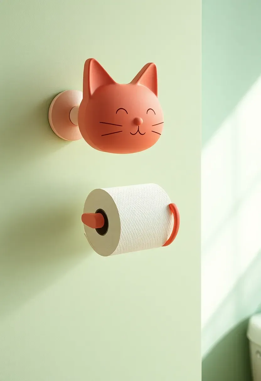 Cat-shaped wall-mounted toilet paper holder as a whimsical bathroom accent piece