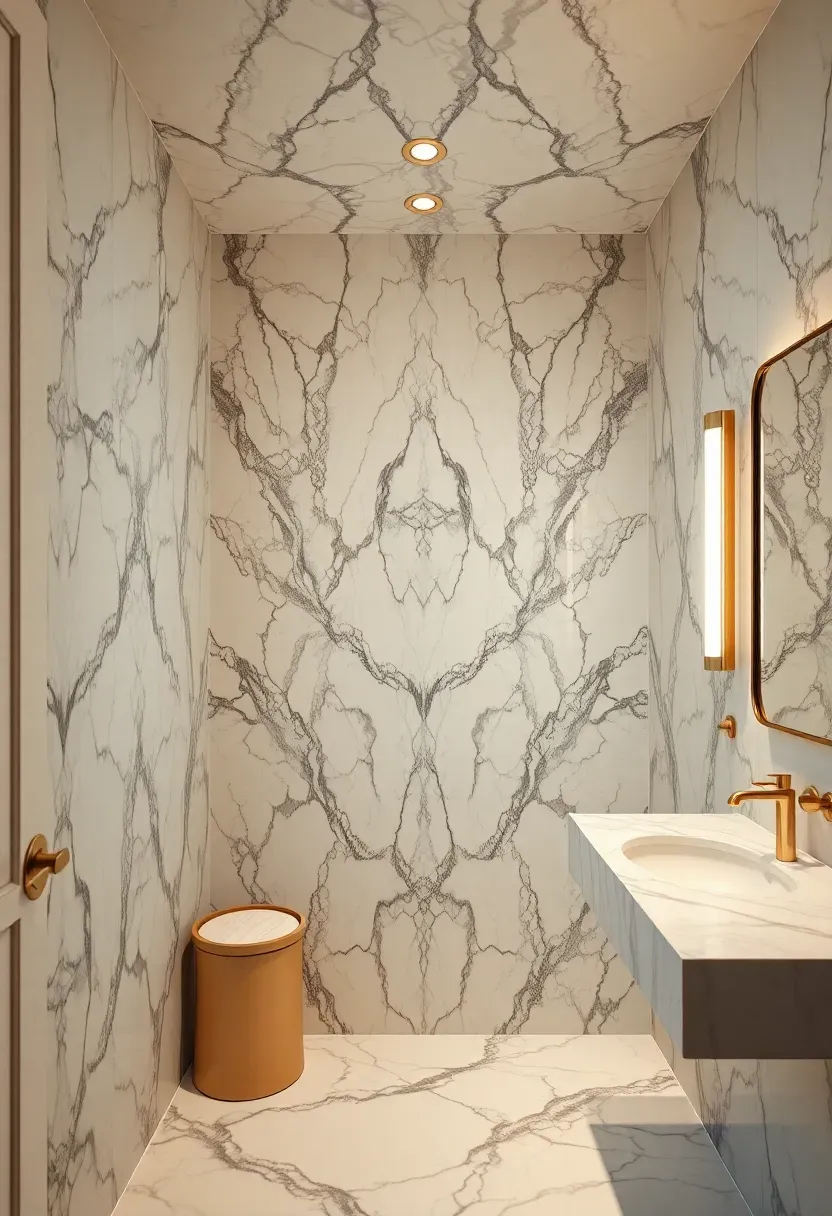 Floor-to-ceiling book-matched Calacatta marble slab feature wall in a luxury powder room with wall-mounted floating vanity