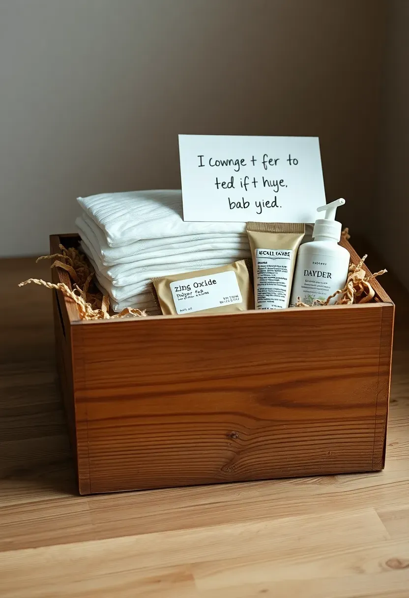 diaper duty survival gift crate with diapers wipes rash cream hand sanitizer and humorous parent survival guide in a rustic wooden crate