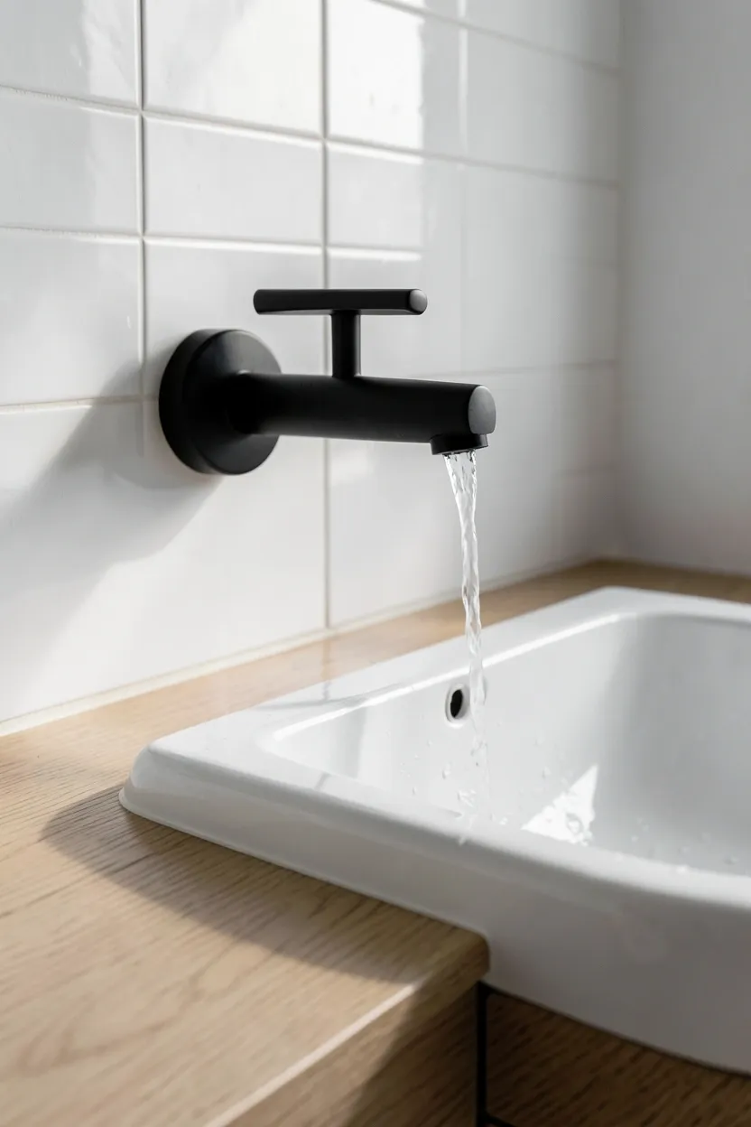 Matte black wall-mounted faucet above a vessel sink freeing counter space in a small modern bathroom
