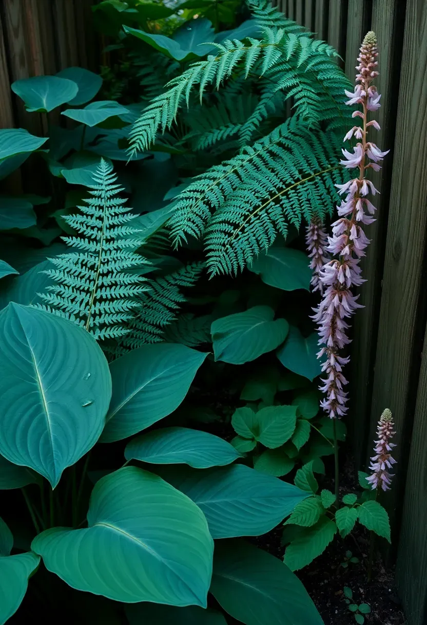 Lush shade garden corridor along a fence with ferns, hostas, and astilbe creating a green tapestry in a shaded backyard area