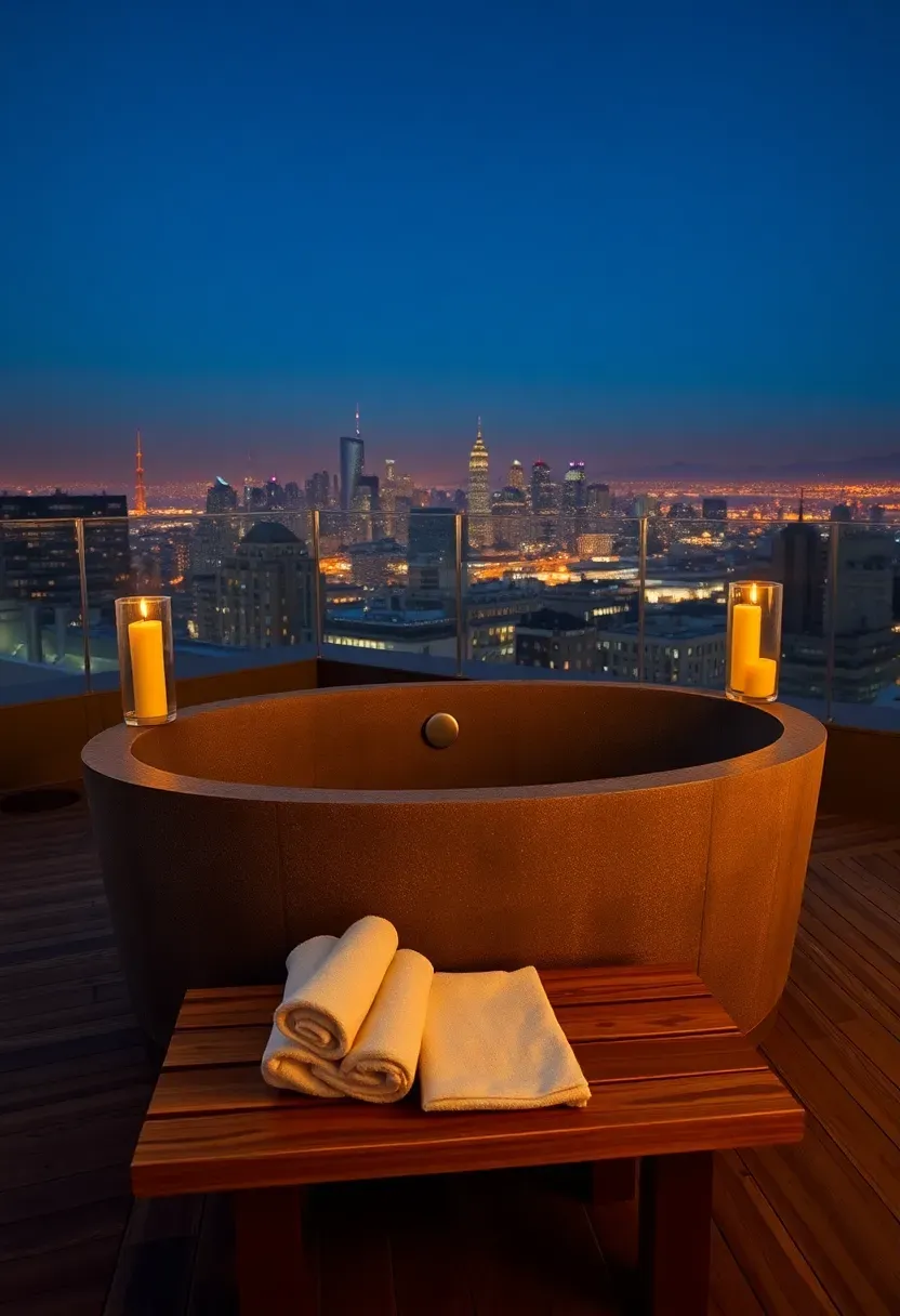 Rooftop open-air soaking tub with city skyline views and warm ambient lighting at dusk