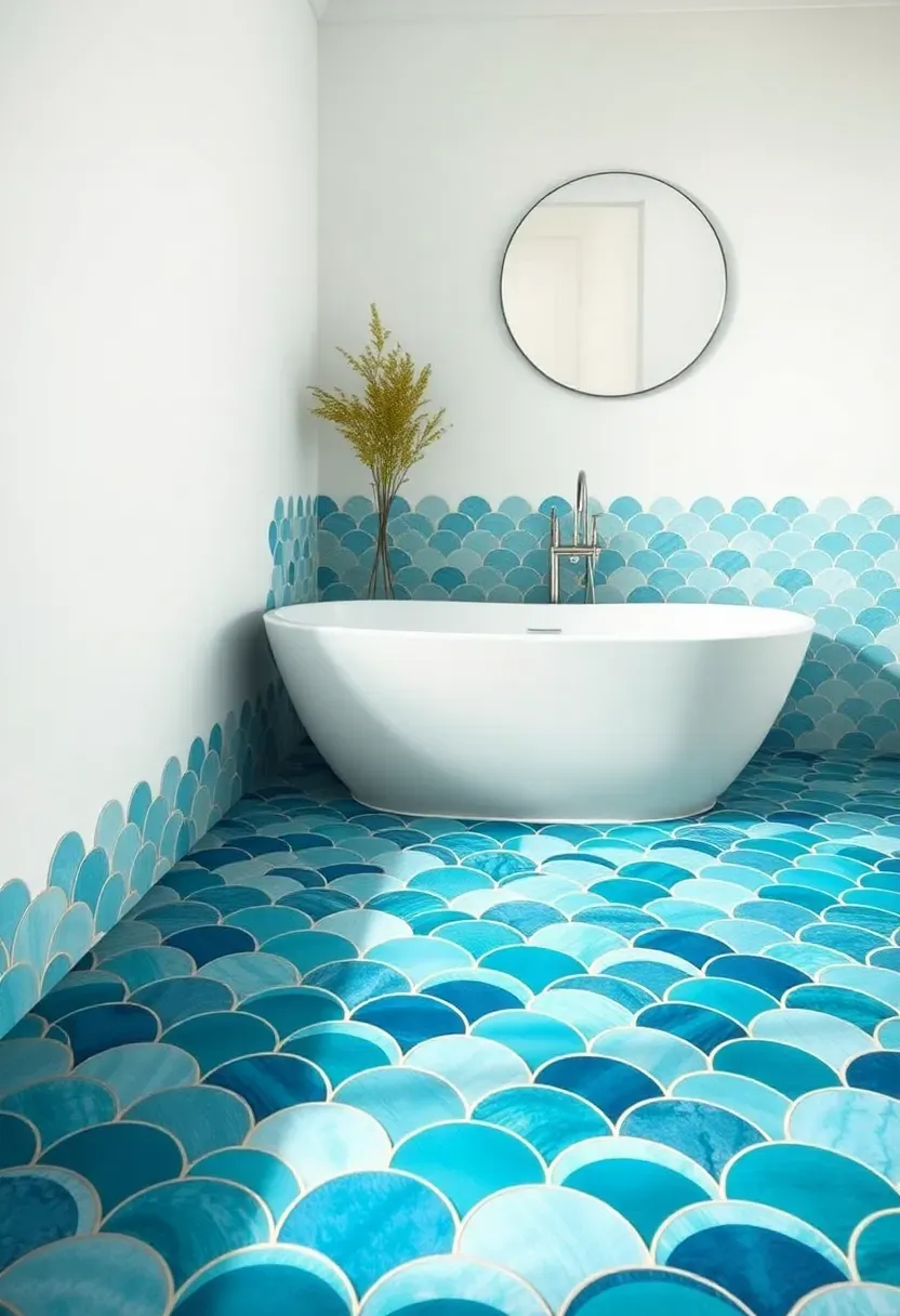 Blue-green fish scale mosaic tiles on a bathroom floor creating a wave-like pattern near a white freestanding bathtub