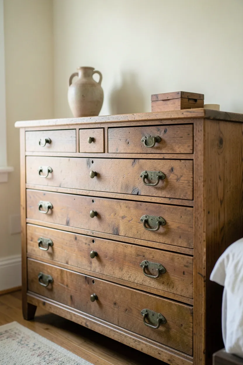 Hyper-realistic eye-level photograph of vintage farmhouse dresser with natural wood patina. Large six-drawer dresser in warm brown tones with aged finish, brass drawer pulls with patina, small decor items on surface including ceramic vase and wooden box, cream walls, glimpses of bed. Materials: aged oak or pine with visible grain, brass hardware, ceramic vase, wooden decor box. Natural ambient light, authentic vintage atmosphere. Shallow depth of field, sharp details on wood patina and brass hardware, balanced composition showing dresser and room context. No text, no logos, no watermarks.</p>