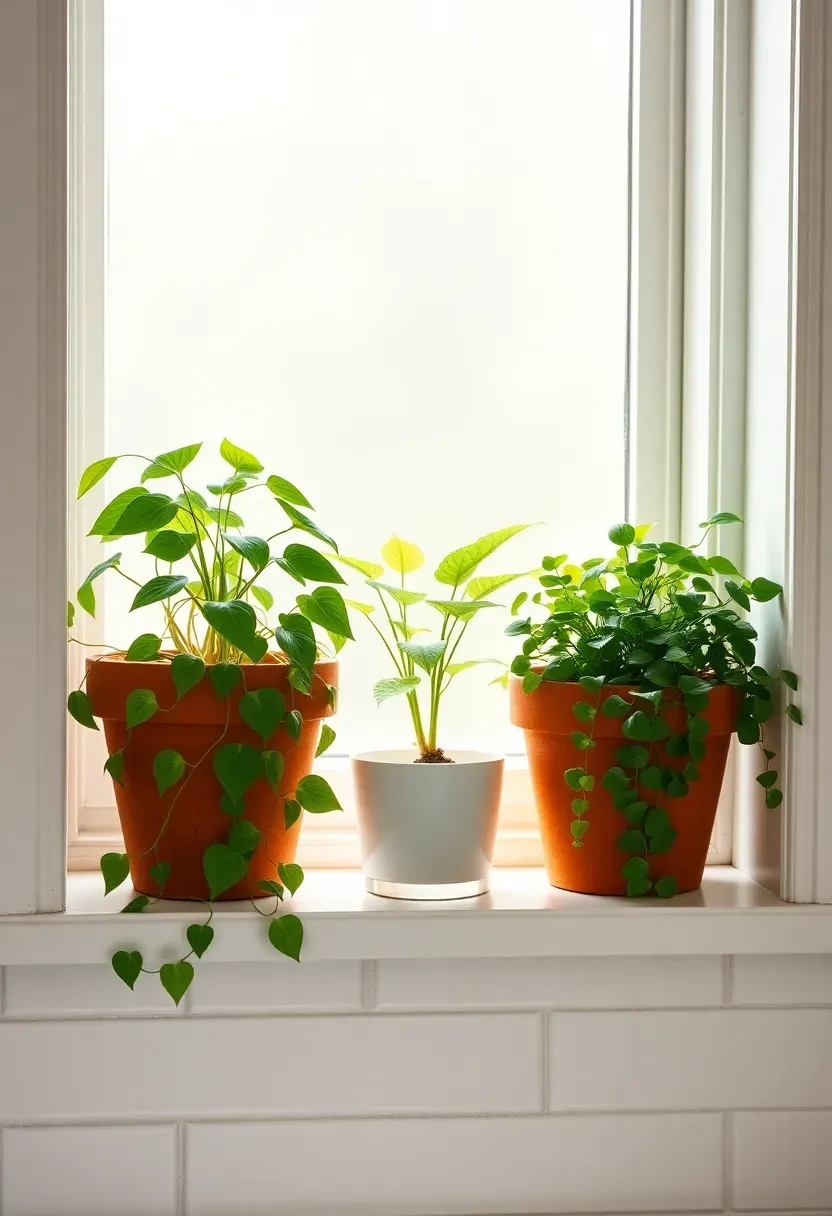 Three small terracotta pots with trailing pothos and fern on a bright bathroom windowsill above a white tile wall