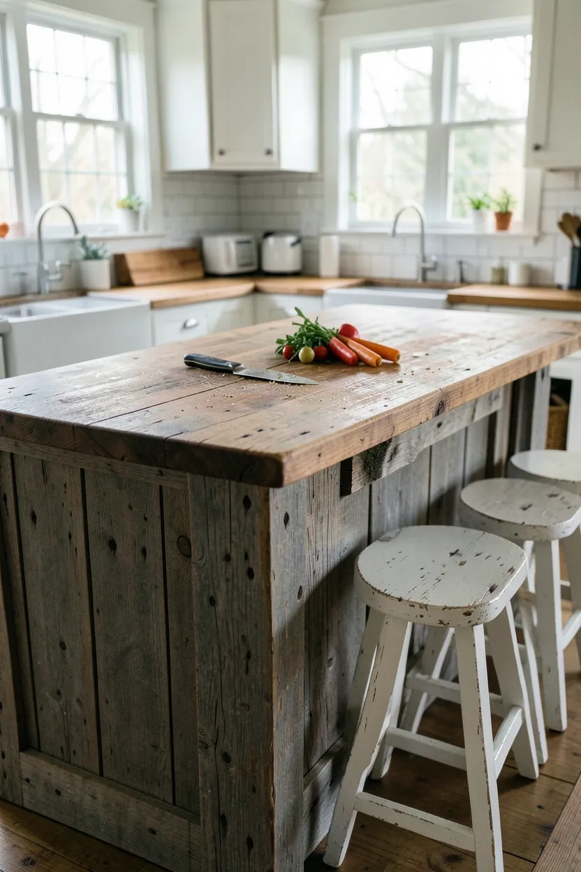 Hyper-realistic 3/4 view of a reclaimed wood kitchen island in a cottage kitchen setting. Weathered gray-brown wood with visible nail holes, saw marks, and natural patina. Butcher block top in warm walnut with food prep residue - small pile of vegetables, knife with slight stain. Three vintage-style stools in distressed white wood visible on far side. White shaker cabinets in background, subway tile backsplash. Natural daylight from multiple windows, warm ambient lighting. Materials: reclaimed oak/pine mix, walnut butcher block, painted wood. Rustic farmhouse mood with authentic wear. Visible knife marks on butcher block, slight wear on stool seats. No text, no logos, no watermarks.</p>