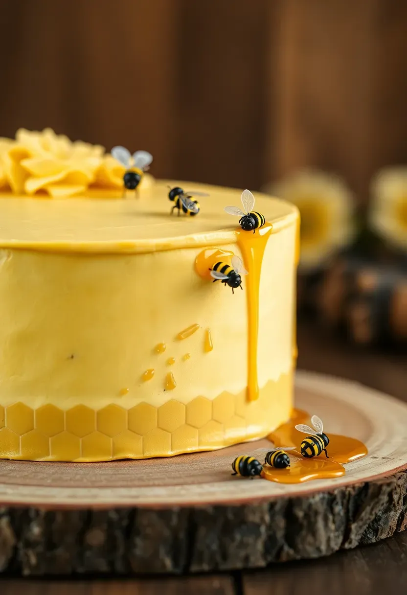 warm honey bee themed baby shower cake with golden honeycomb fondant pattern buzzing fondant bees and soft yellow buttercream on a rustic wood stand