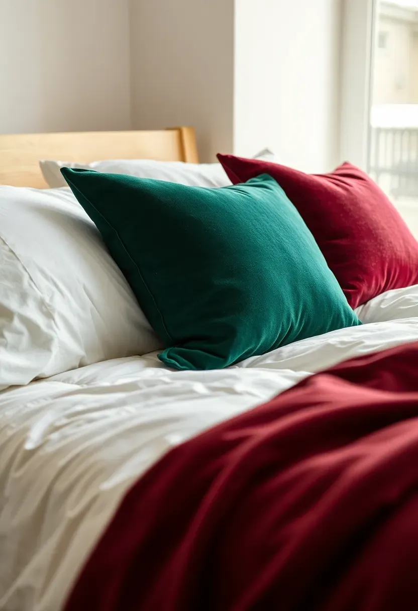 Hyper-realistic 3/4 view of bed with two velvet accent pillows against white duvet and standard sleeping pillows. Forest green velvet pillow on left, burgundy velvet pillow on right, both with subtle texture visible. Cream duvet, white walls, light wood bed frame. Materials: velvet fabric, cotton duvet, wood bed frame. Natural light from window, velvet texture catching light luxuriously. Rich Christmas color palette. Shallow depth of field, sharp details on velvet sheen. No text, no logos, no watermarks.</p>