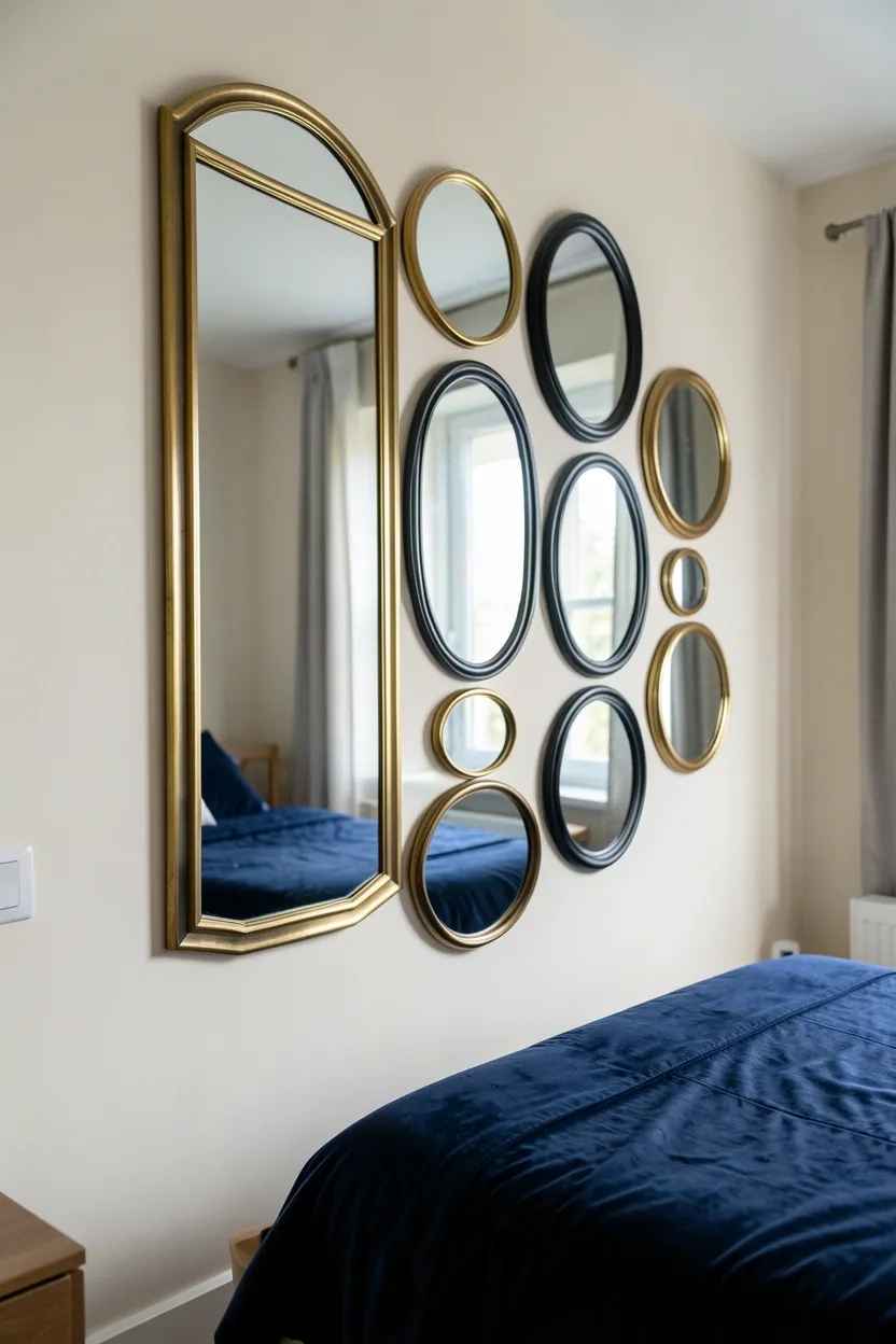 Hyper-realistic eye-level photograph of a maximalist bedroom wall featuring a mosaic arrangement of mirrors: large rectangular mirror in gold frame, two medium oval mirrors in black frames, several small round mirrors in brass frames, creating a wall-sized mirror composition. The mirrors reflect light and room elements. Materials: mirrors with gold, black, and brass frames, cream walls, velvet navy duvet on bed. Natural light from window reflecting in mirrors creating sparkle and depth. Coherent mood: dramatic and luminous maximalist bedroom with architectural mirror feature. Shallow depth of field, sharp details on mirror frames and reflections, balanced composition showing room context. No text, no logos, no watermarks.</p>