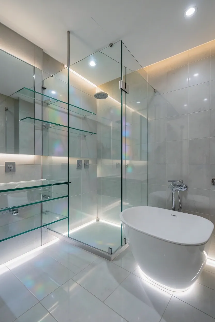 Ultra-modern glass Bloxburg bathroom with frameless shower enclosure, floating glass shelves, and LED floor strip lighting