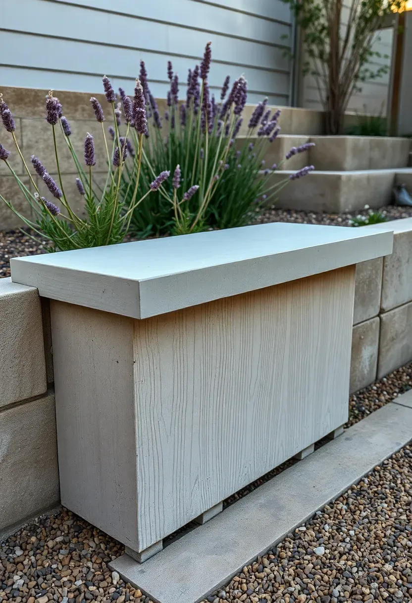 Built-in concrete bench with a smooth seat surface and rough-formed vertical face integrated into a backyard patio wall near a garden bed