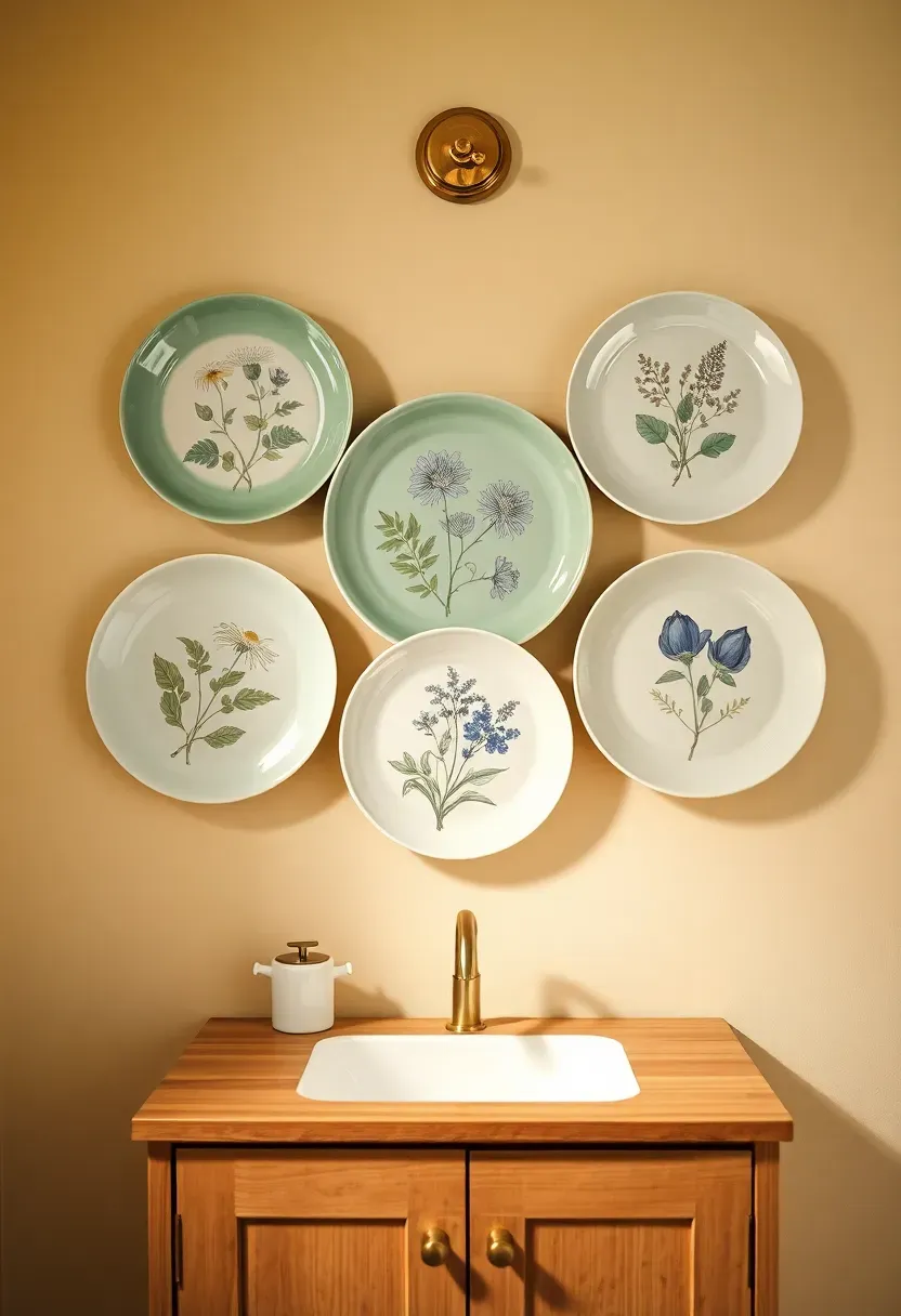 Asymmetric arrangement of decorative porcelain plates with botanical motifs in greens and blues on a cream bathroom wall