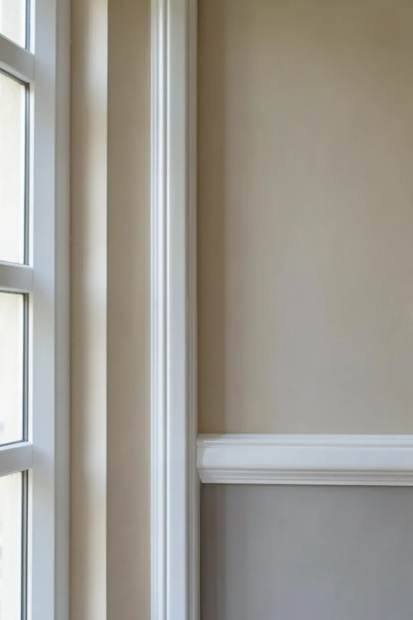 Soft dove gray matte walls with glossy white trim creating subtle architectural depth in a neutral bedroom