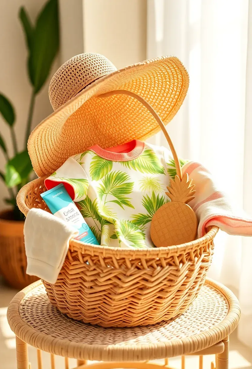 tropical summer baby basket with a sun hat palm print romper reef-safe baby sunscreen and a bright pineapple rattle in a straw tote