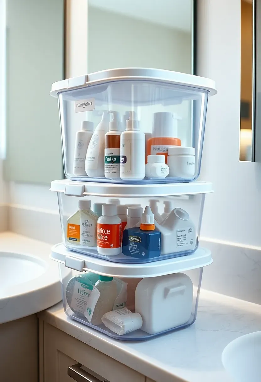 Stackable clear plastic bins on a bathroom counter with labeled sections for different product categories