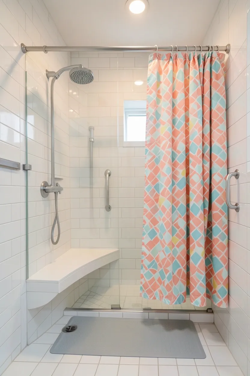 Spacious family shower area in a Toca Boca bathroom with colorful non-slip mat, handheld showerhead, and built-in corner shelf