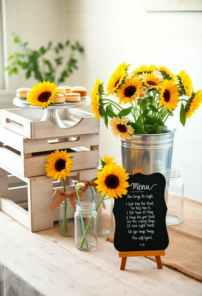 farmhouse country baby shower with white wooden crates sunflowers mason jar drinks burlap bows and a chalkboard menu sign on a whitewashed table
