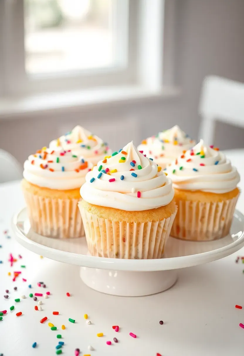 vanilla cupcakes with smooth white frosting dipped halfway in rainbow nonpareil sprinkles on a colorful party table