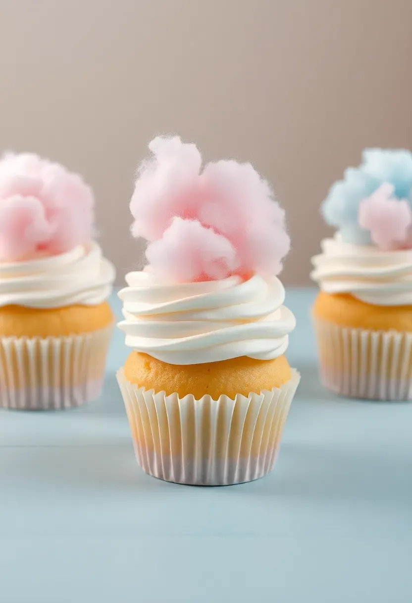 whimsical cupcakes topped with fluffy cotton candy clouds in pastel pink and blue on a sky-themed dessert table
