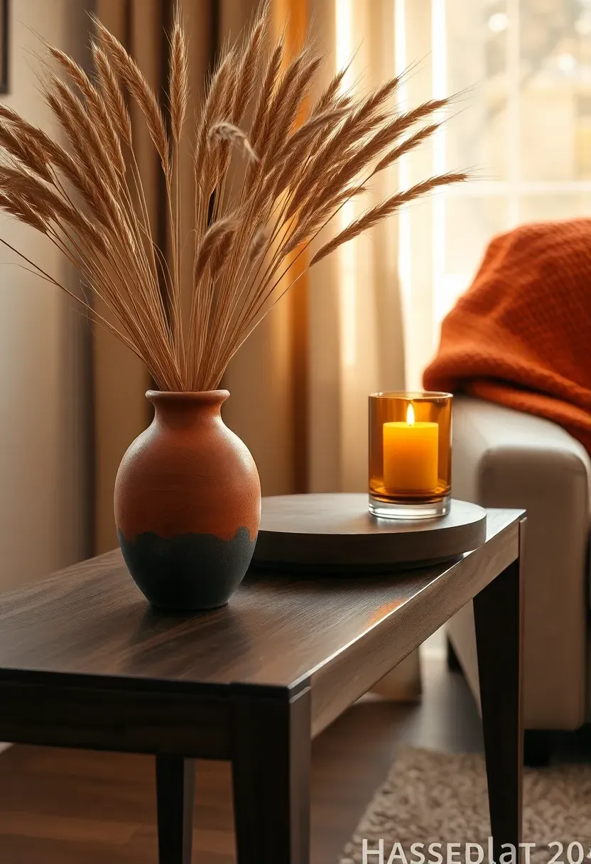 Side table with autumn-themed styling including dried wheat stems and warm-toned candle