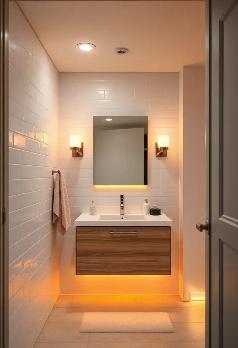 Small bathroom showing three lighting layers: recessed ceiling cans, wall sconces beside the mirror, and an LED strip under the vanity