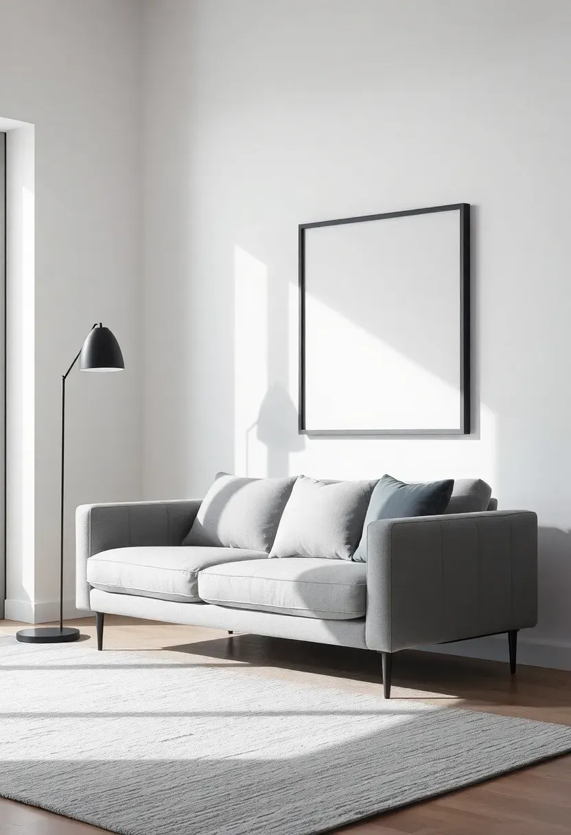 Hyper-realistic 3/4 view of minimalist living room with dove gray upholstered sofa, black floor lamp with slender metal stem, black-framed rectangular wall art, white walls, light gray area rug. Materials: soft dove gray fabric, matte black metal, smooth white walls, plush gray rug. Bright natural light from large window (5500K), soft distinct shadows, high contrast on textures. Graphic minimalist mood, balanced composition, sharp details on black accents, clean lines, no clutter, no text, no watermarks.</p>