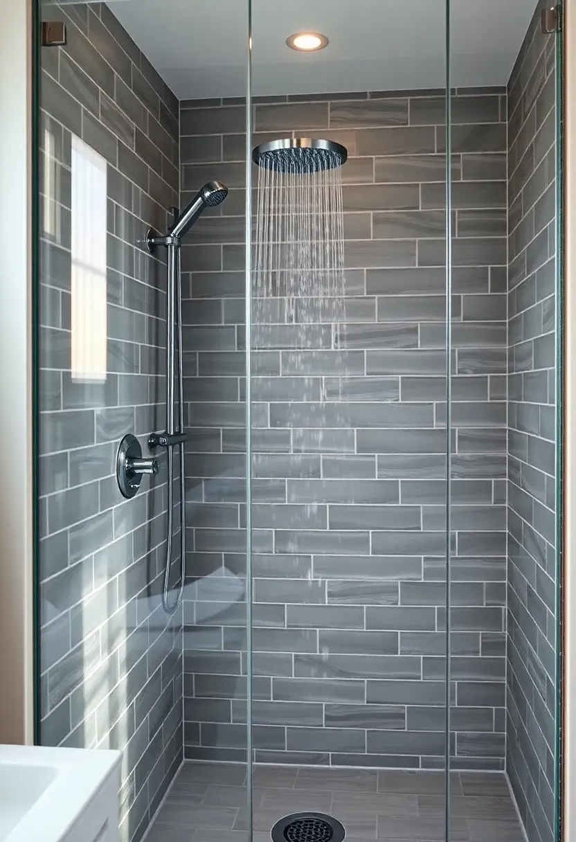 Frameless glass shower enclosure with clear panels and brushed nickel hardware in a modern bathroom with neutral tiles