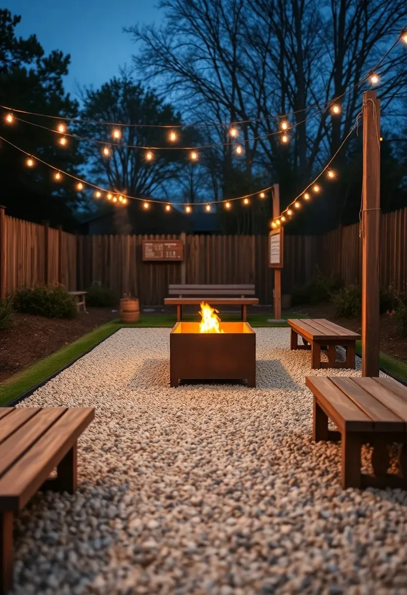 Backyard bocce court fire pit zone at dusk with corten steel fire pit, oyster shell lane, string lights, and cedar bench seating